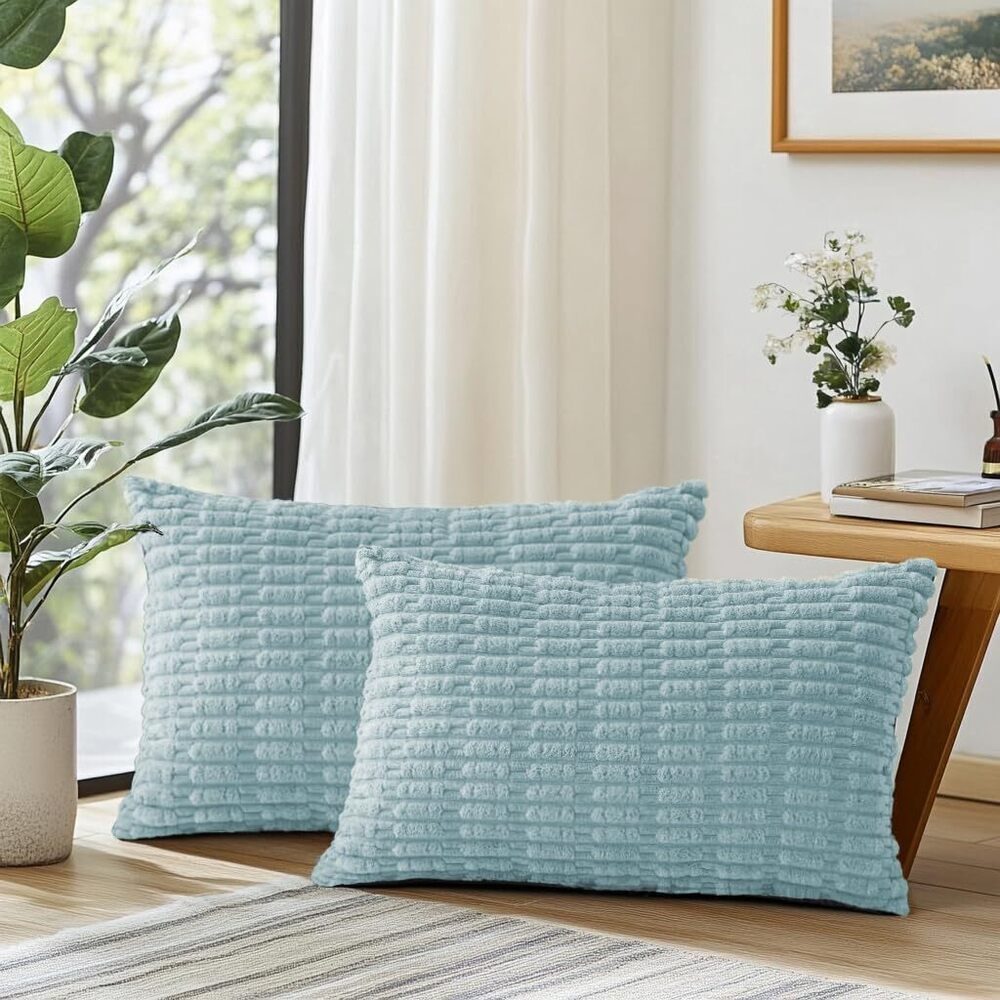 8359 Corduroy Decorative Light Blue Throw Pillow Covers 12x20 Inch Set of 2